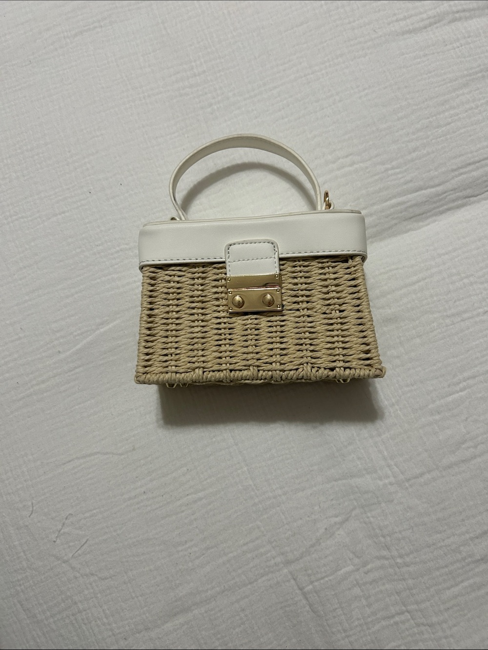 White-Trim Woven Mini Top-Handle Bag
